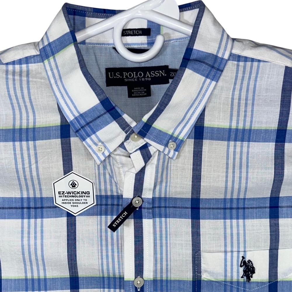 US Polo Assn Mens 2XL Short Sleeve Button Down Shirt Blue White Plaid Stretch